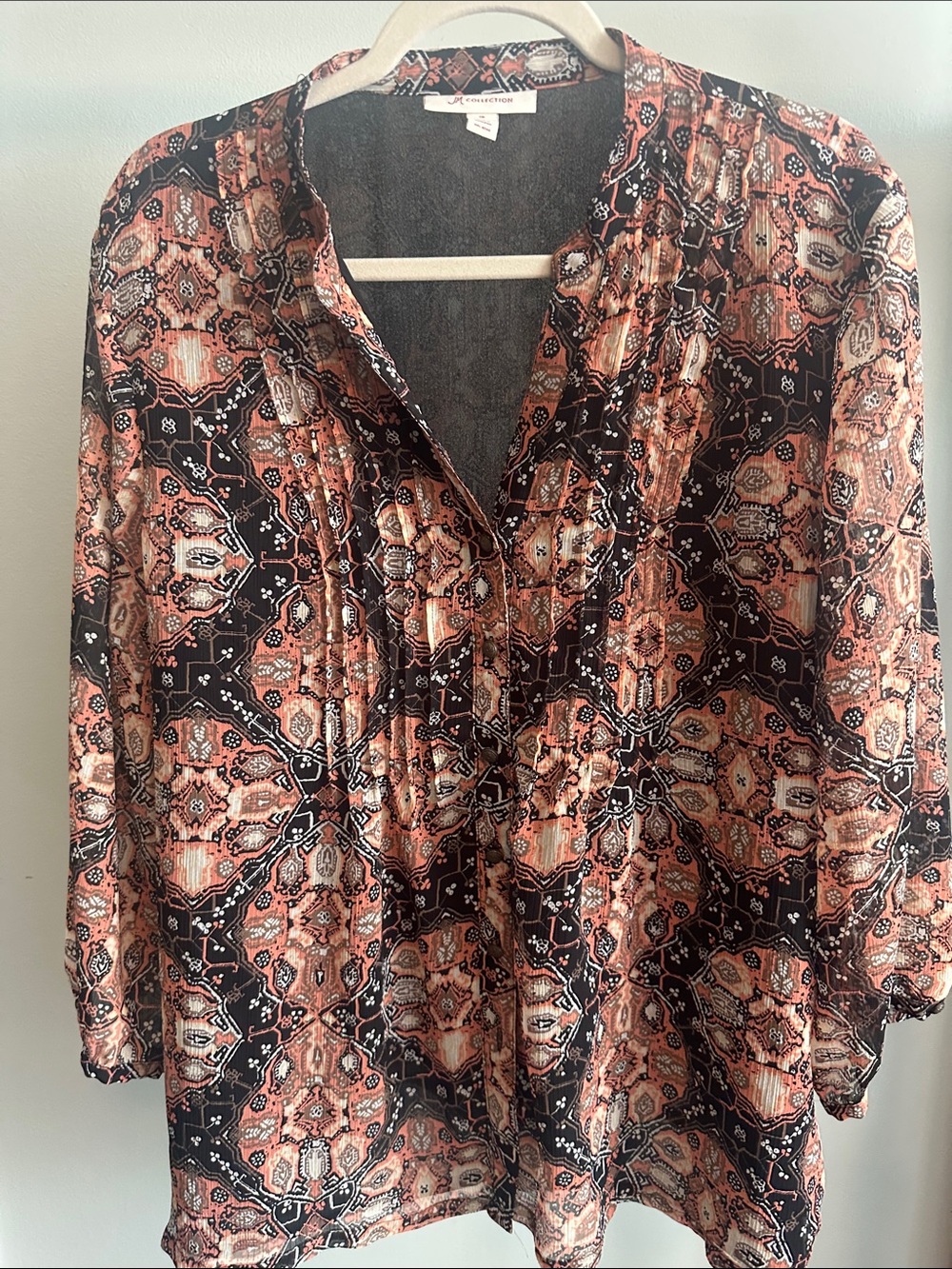 JM Collection Black and Rust Geometric Print V-Neck Blouse